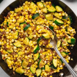 overhead zucchini saute with corn and bacon