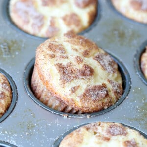 snickerdoodle muffin in baking tray tilted on its side