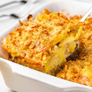 yellow squash casserole portion on serving spatula