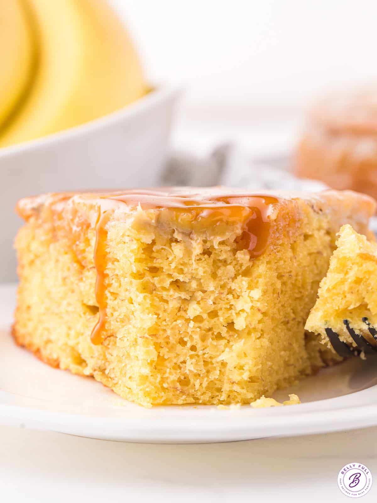 A slice of banana upside down cake