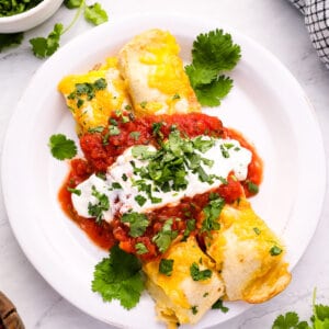 2 enchiladas with sour cream and salsa on plate