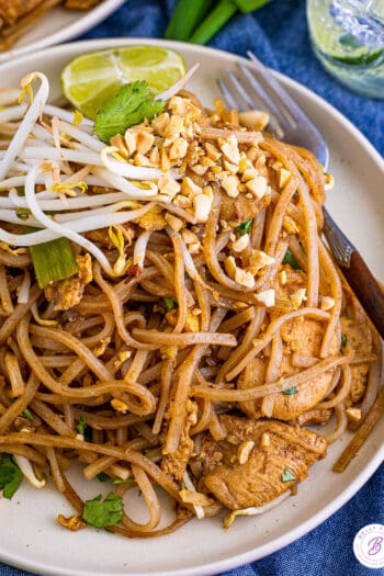 Angled view of a plate of chicken pad thai