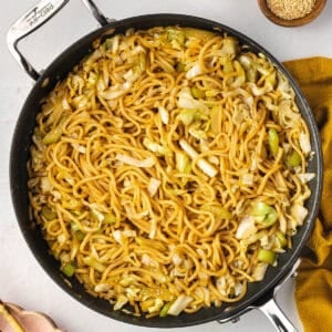 Overhead view of a big pan of chow mein