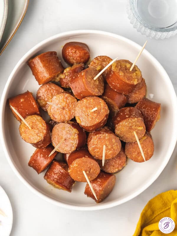 overhead bowl of kielbasa bites with toothpicks