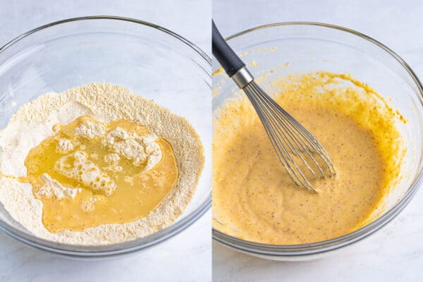 fried pickles batter being mixed in bowl