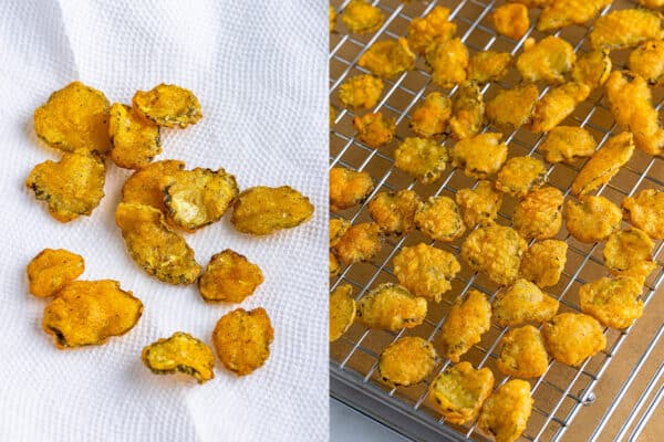 fried pickles being drained on wire rack