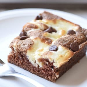 marble cheesecake square on plate with fork
