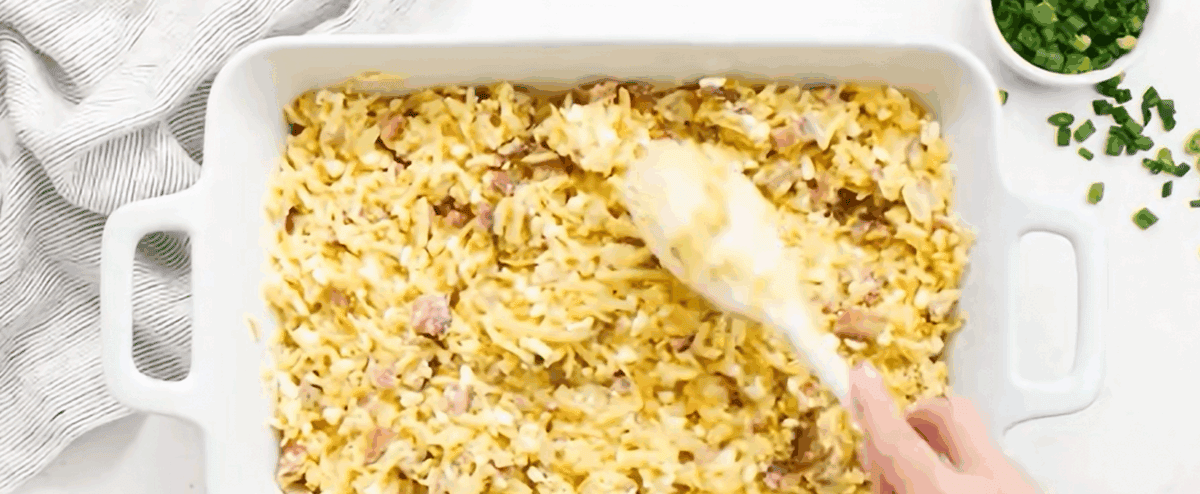 Amish breakfast casserole in a baking dish.