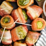 Overhead view of brussels sprouts wrapped in bacon