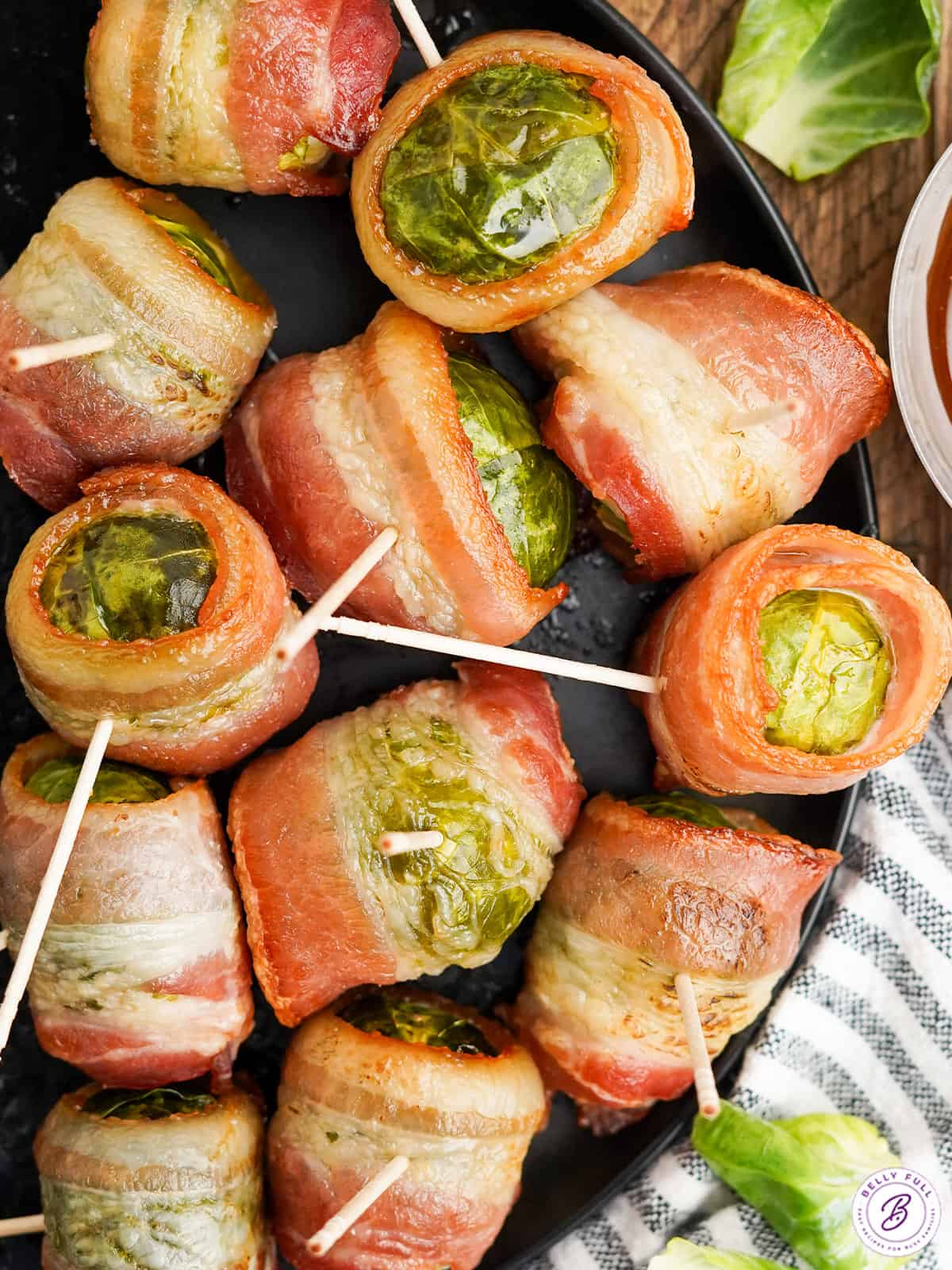 Overhead view of brussels sprouts wrapped in bacon