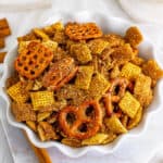 Overhead view of a bowl of cinnamon sugar chex mix