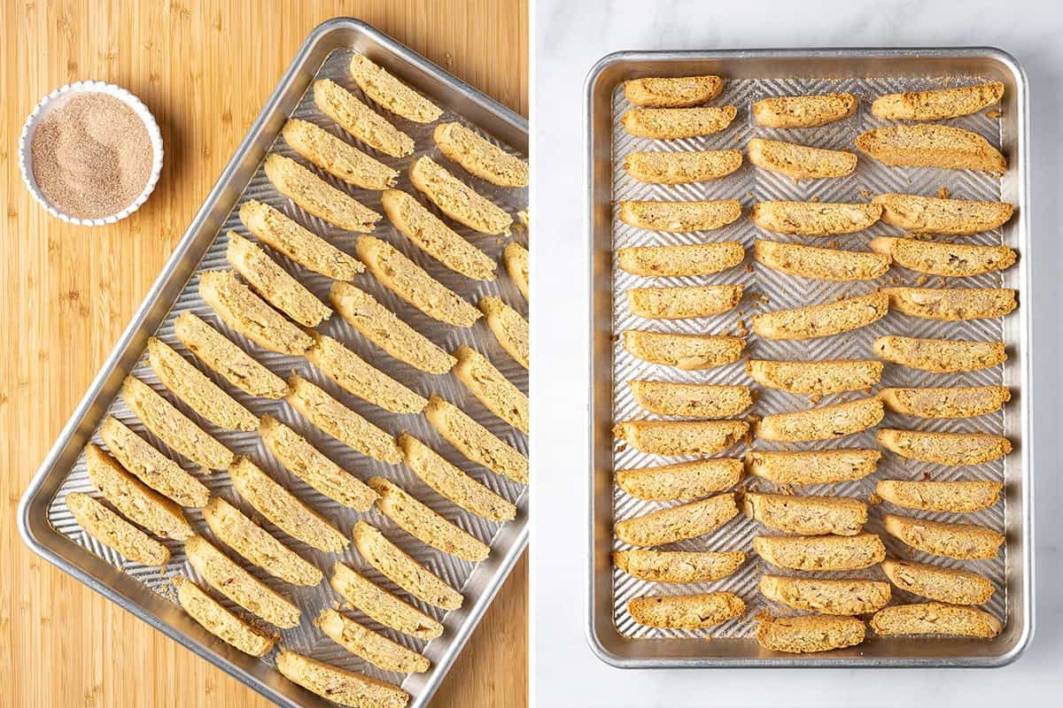 Cookies sprinkled with cinnamon sugar mixture on cookie sheets.