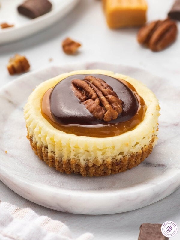 Angled view of a mini turtle cheesecake on a marble plate