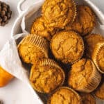 overhead casserole dish filled with pumpkin muffins