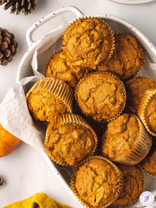 overhead casserole dish filled with pumpkin muffins