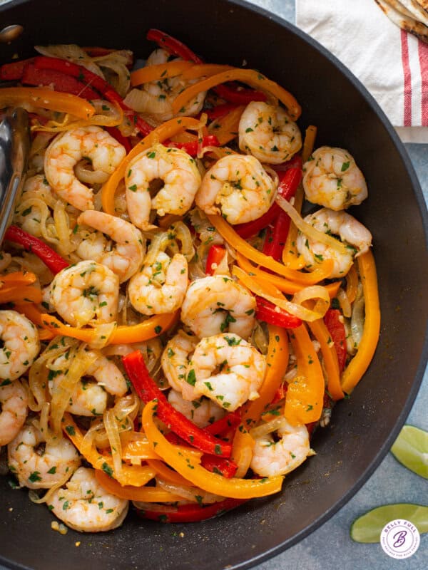 overhead shrimp fajitas in skillet