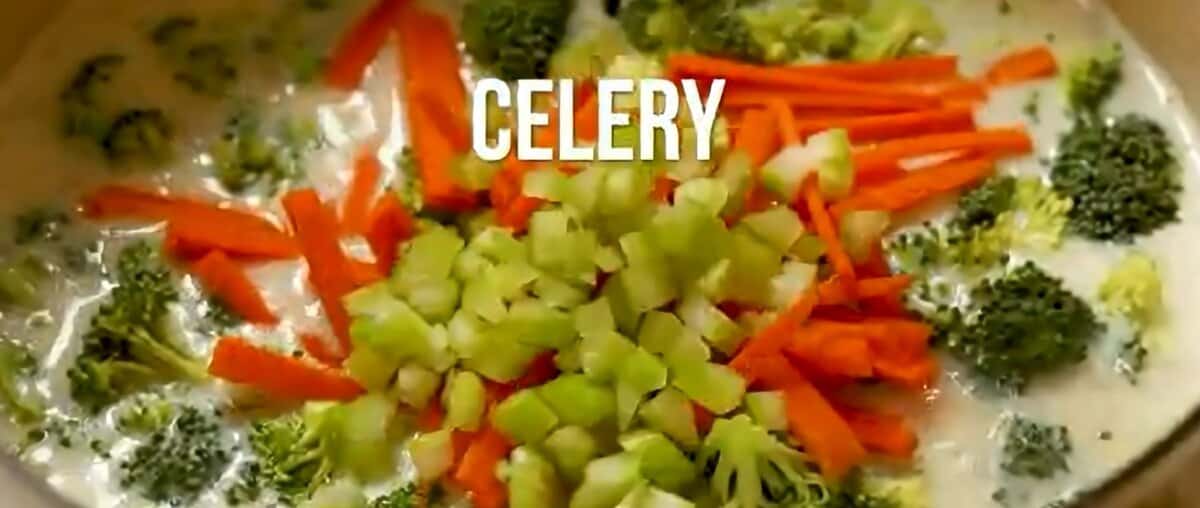 Adding broccoli, carrots, and celery to the pot.