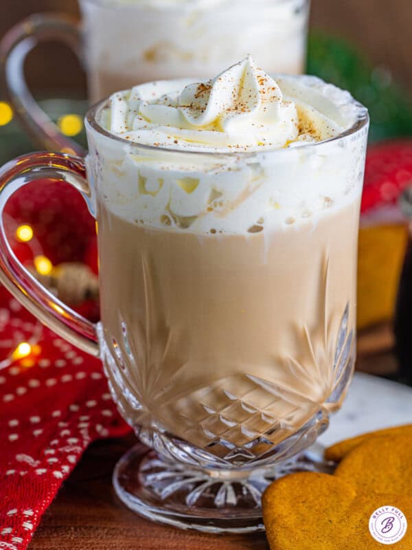 A homemade gingerbread latte in a clear mug