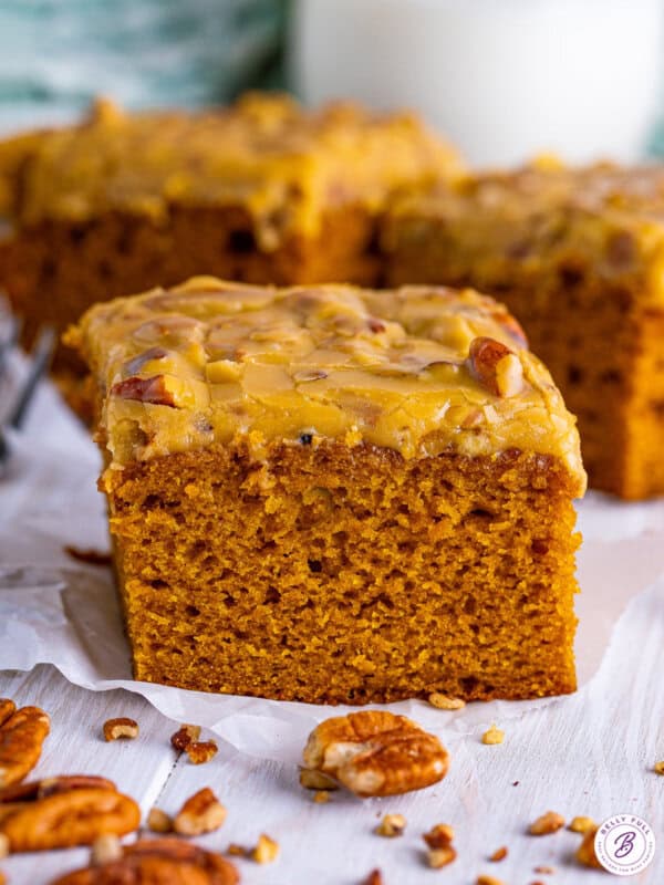 Squares of pumpkin cake with praline frosting