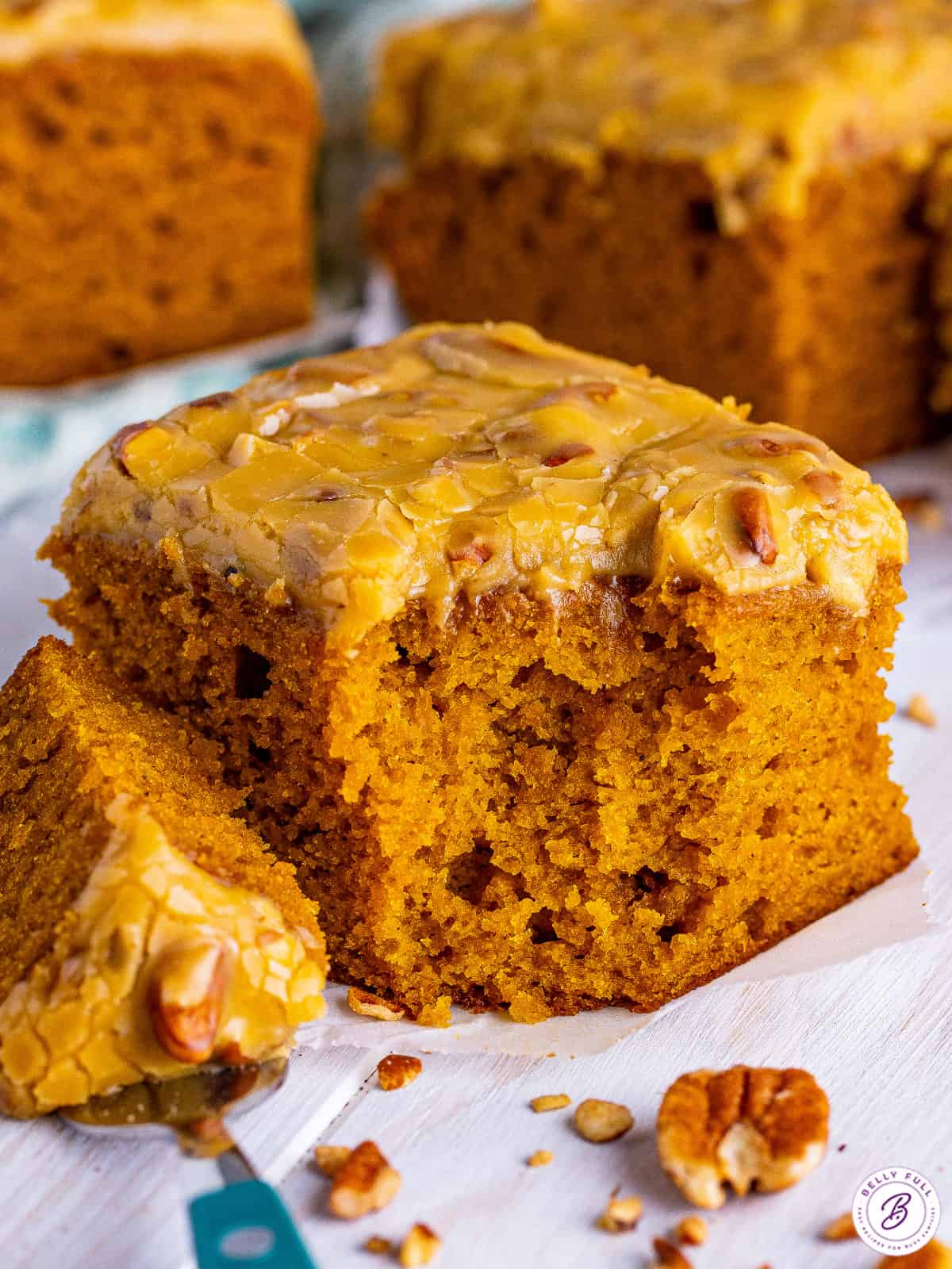 Pumpkin snack cake with a bite missing