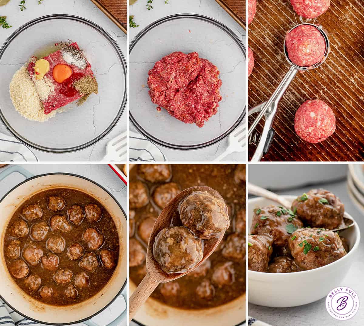 Process shots of how to make salisbury steak meatballs