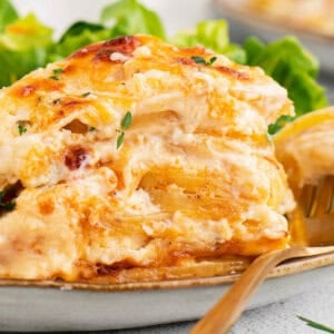 A side view of a serving of scalloped potatoes