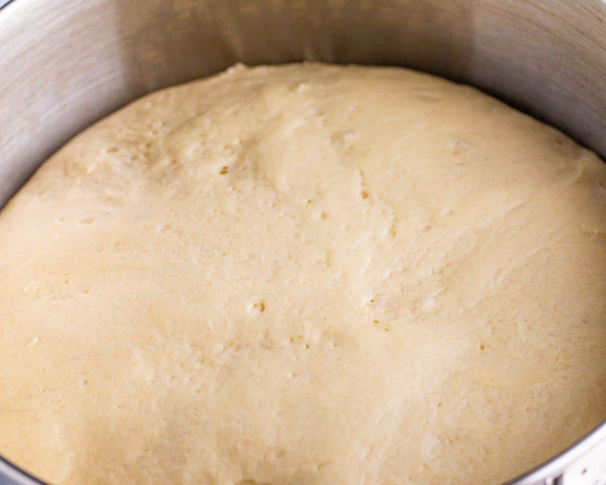 Proofed dough in a bowl.