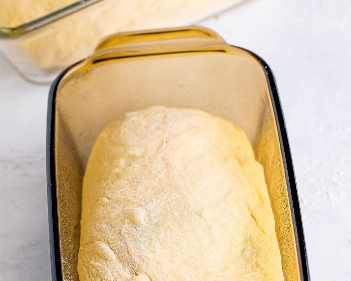 Dough split into two loaves for baking.