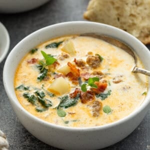 side view bowl of Zuppa Toscana soup