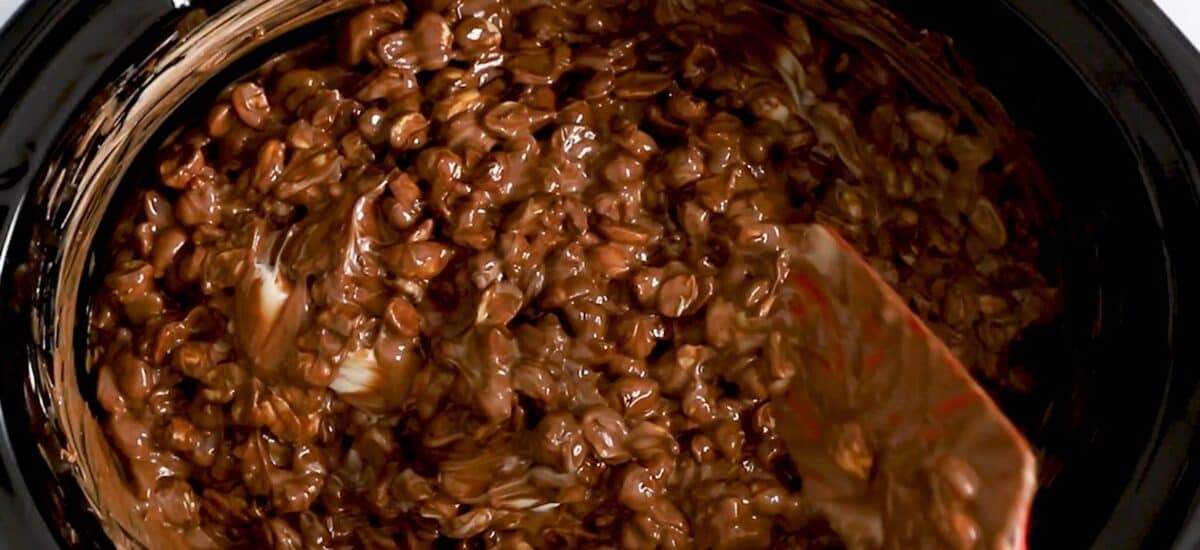Stirring the ingredients in the crockpot. 