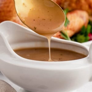 A spoon of turkey gravy over a gravy bowl