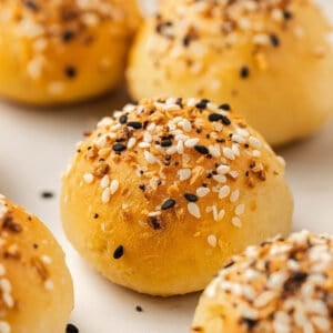 Overhead view of air fryer bagel bites