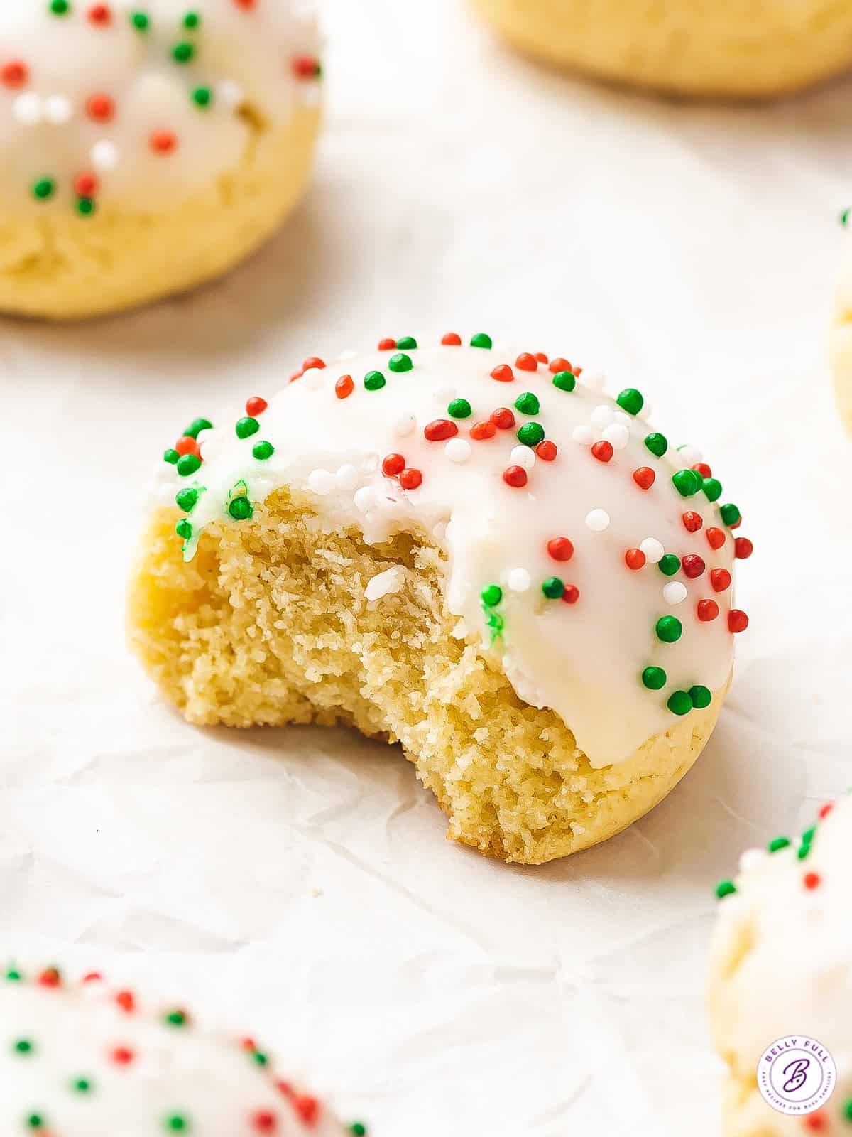 close up Christmas Italian Cookie with bite taken