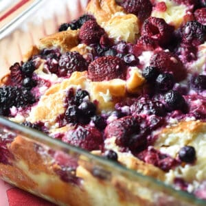 Fruit and croissant bread pudding in casserole dish