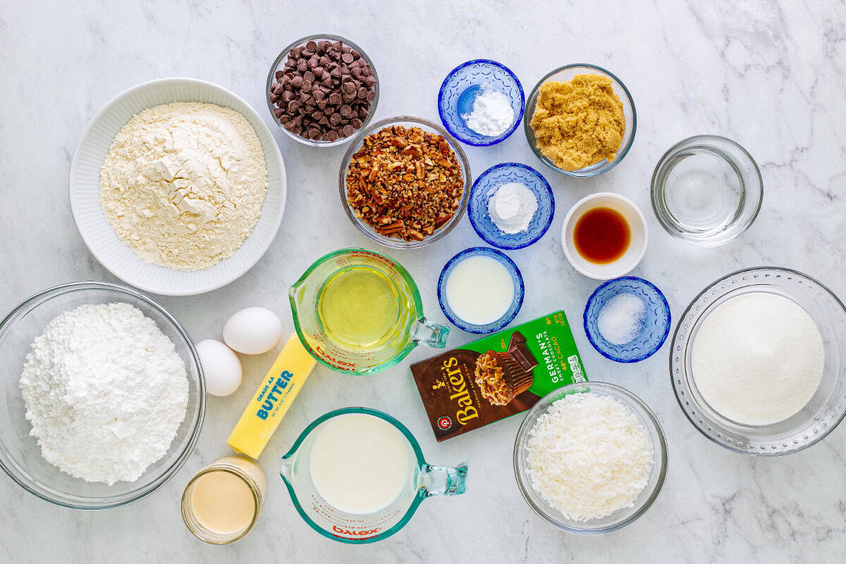 Ingredients to make German chocolate cake.