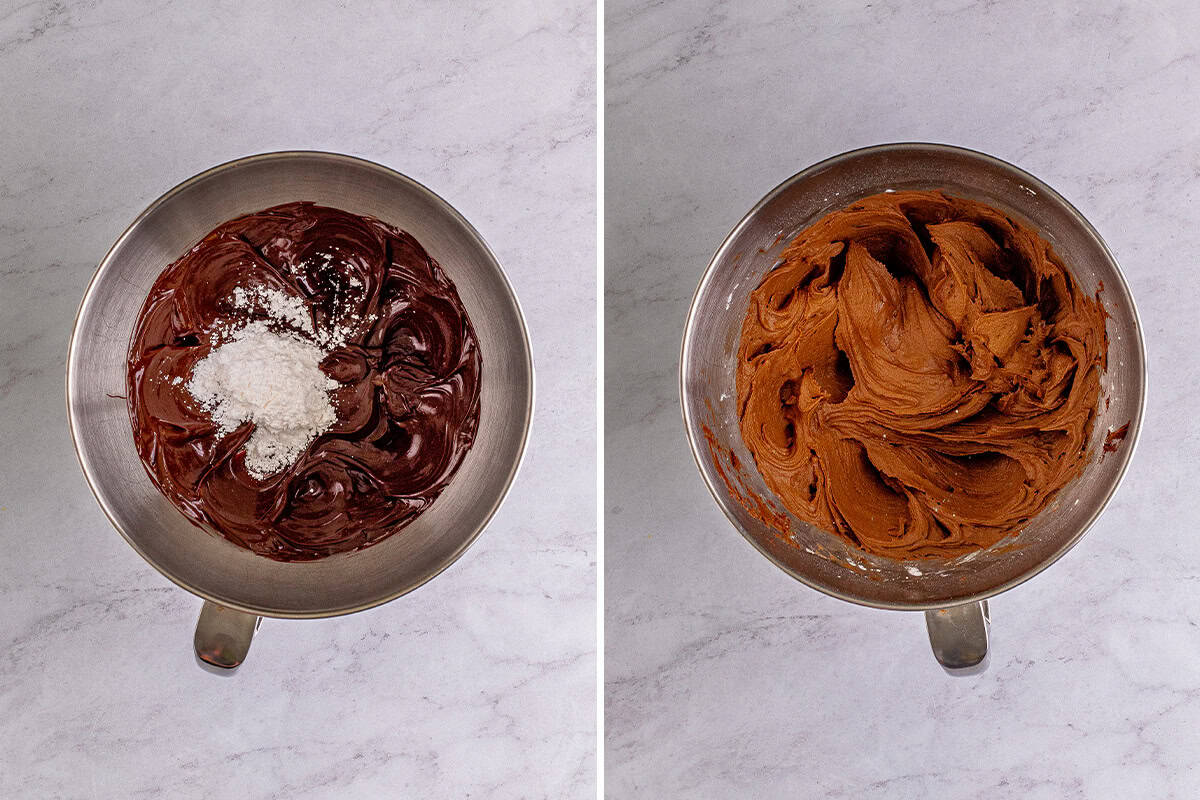 First image shows powdered sugar being added to the bowl, and the second image shows fluffy icing.