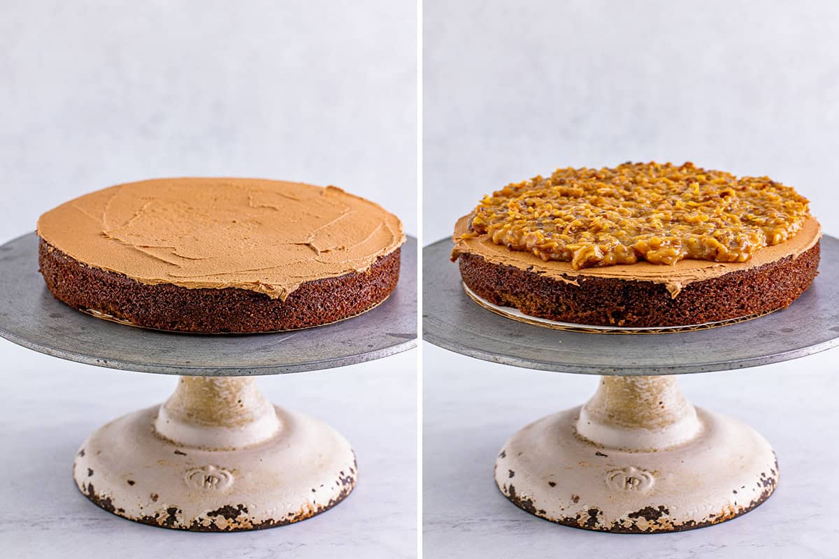 One image is of the cake with the buttercream icing, and the other has the addition of the pecan coconut icing.