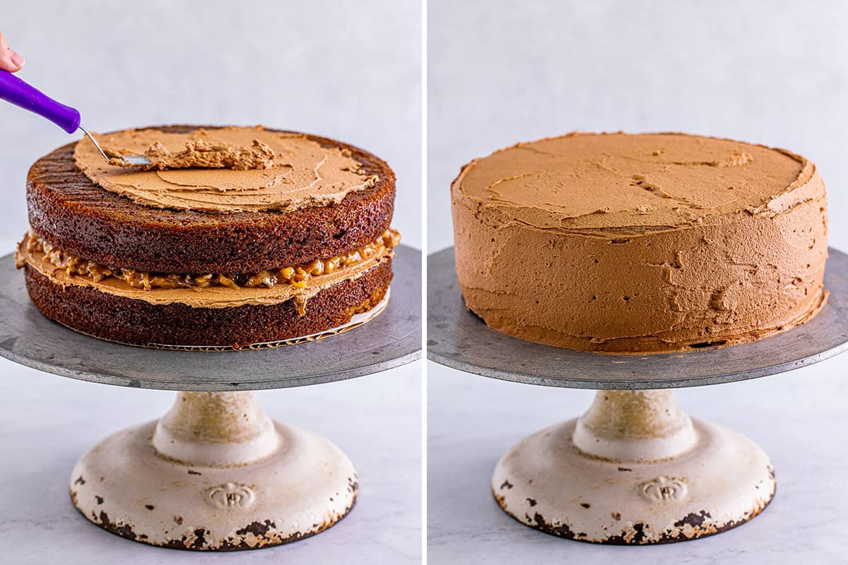 One image is of the two cakes being covered with the chocolate buttercream and the second shows the whole cake covered.