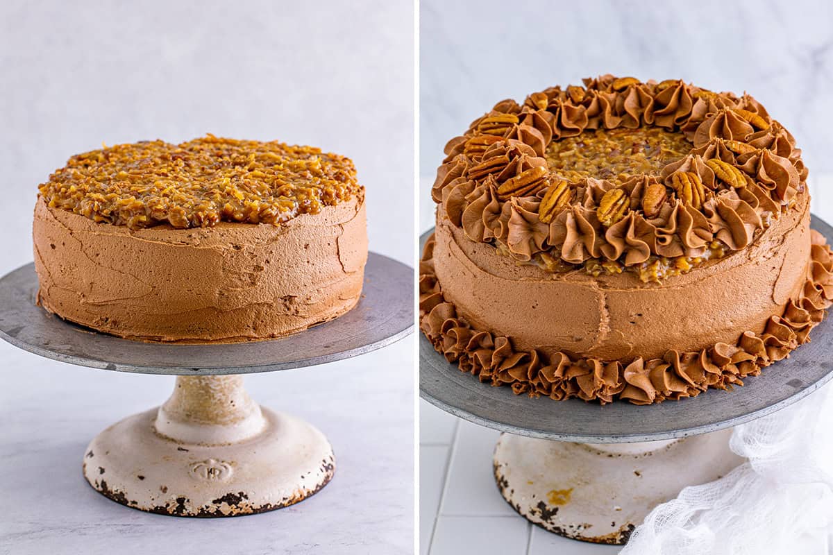 One image shows the cake covered with the pecan coconut frosting, and the other has the piping and pecans added.