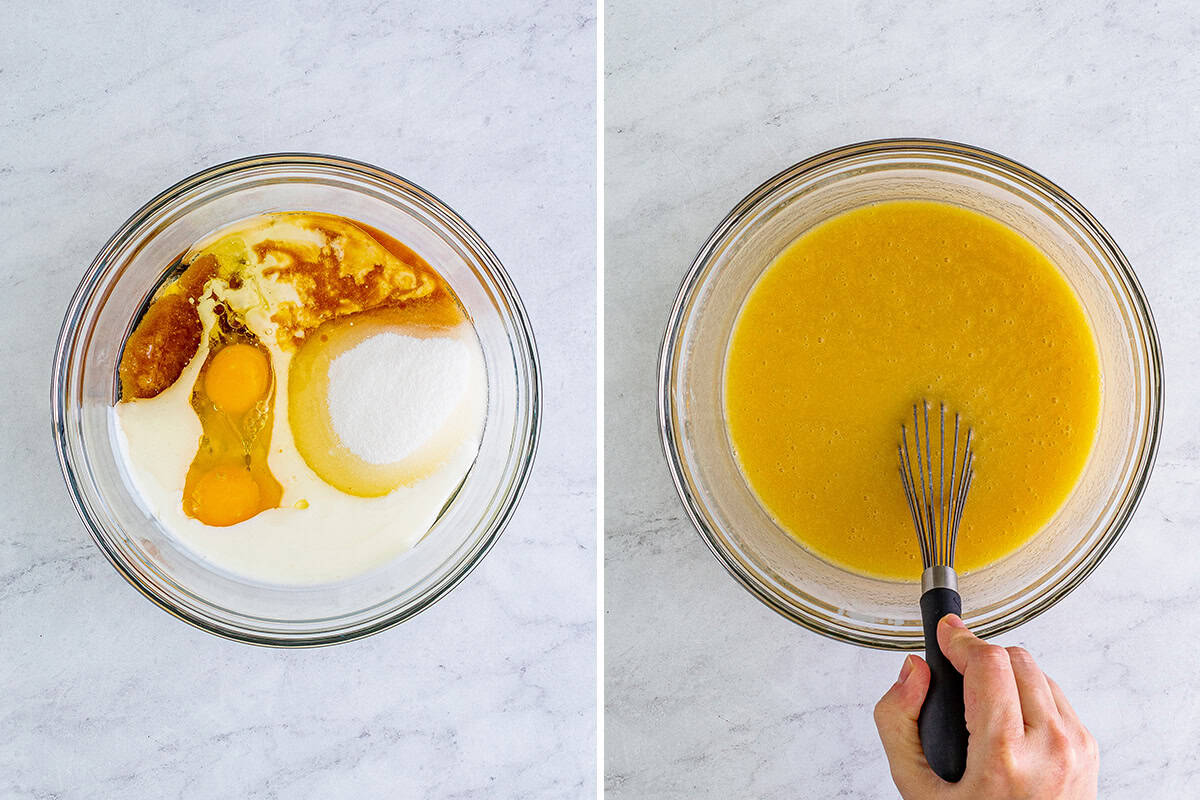 Combining the wet ingredients with the sugars.