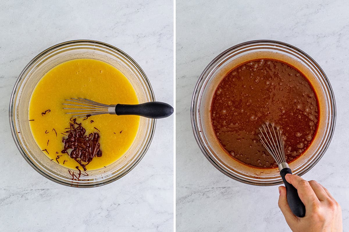 Adding melted chocolate to the mixture.