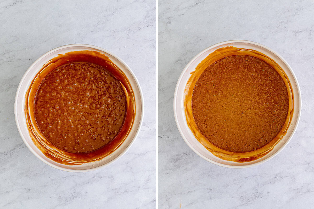 Combining the wet and dry mixtures.