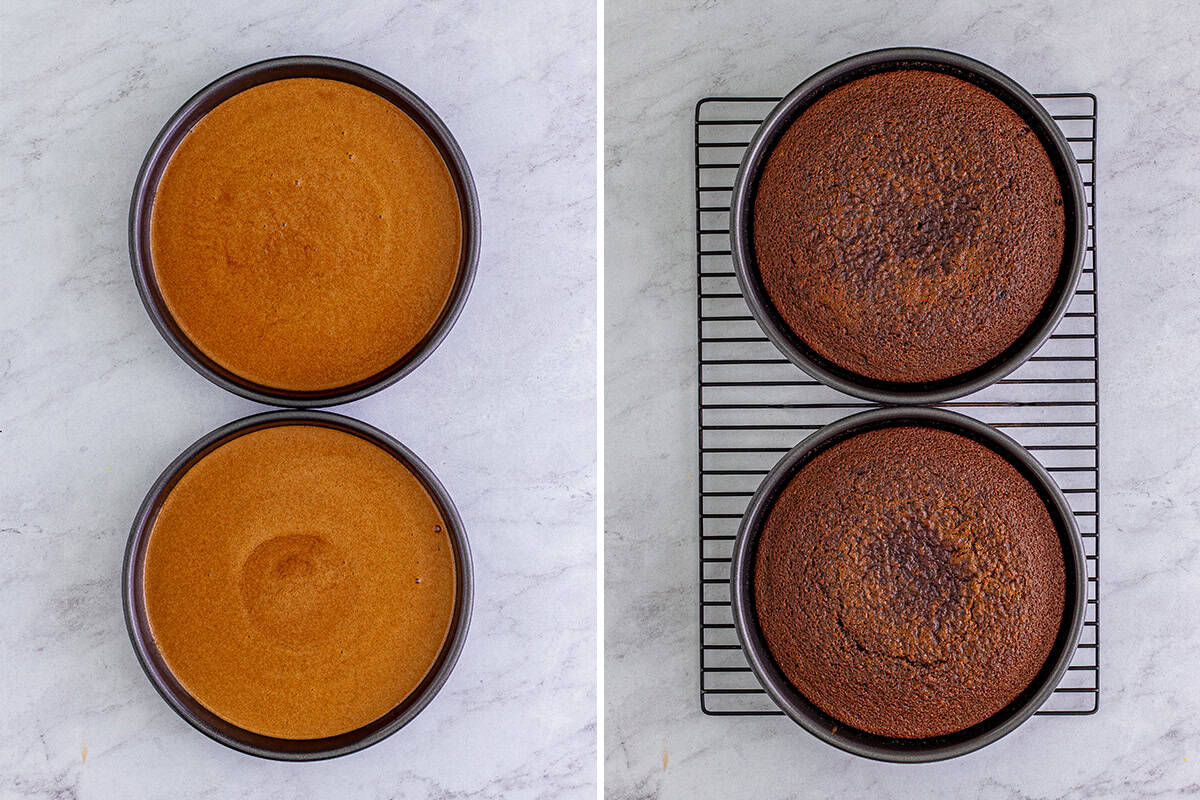 Two pans with raw batter and two pans with baked batter on a cooking rack.