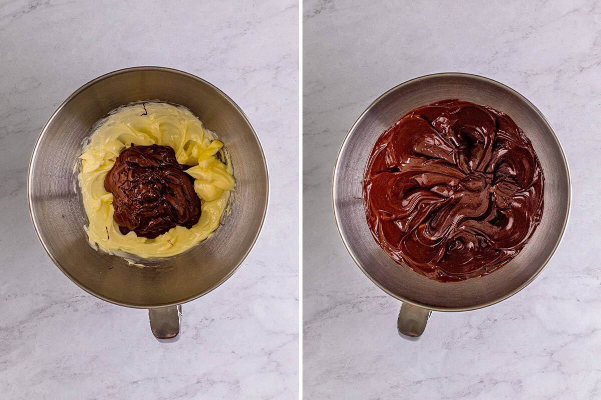 One image of the butter and melted chocolate in a bowl and the second image of the creamed butter and chocolate.