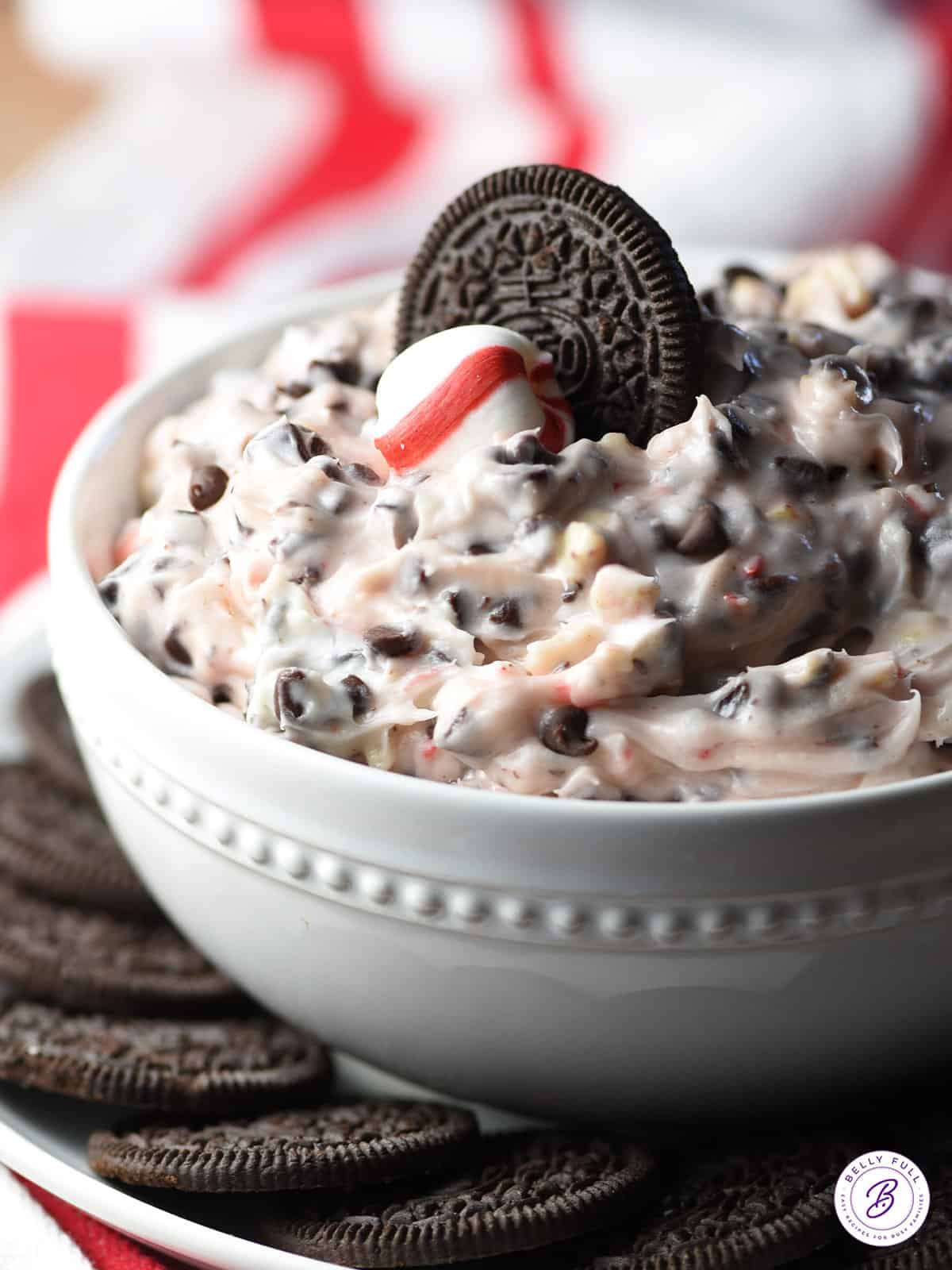 peppermint chocolate bark dip in bowl garnished with cookie