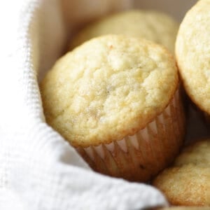 close up banana muffin in basket