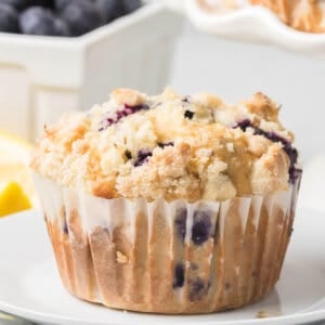 close up blueberry muffin with streusel topping