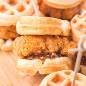 Close up of a chicken and waffle slider