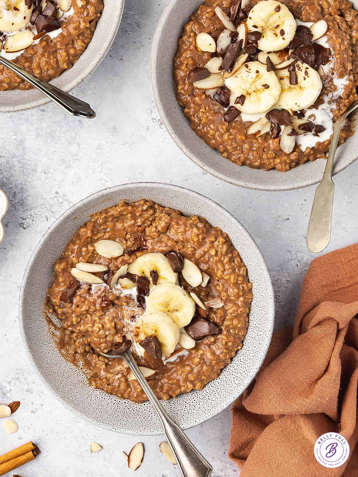 chocolate-y steel cut oats in 2 bowls with bananas