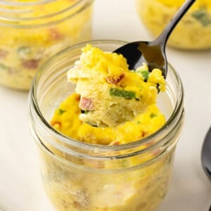 Denver flavor egg scramble on spoon over jar